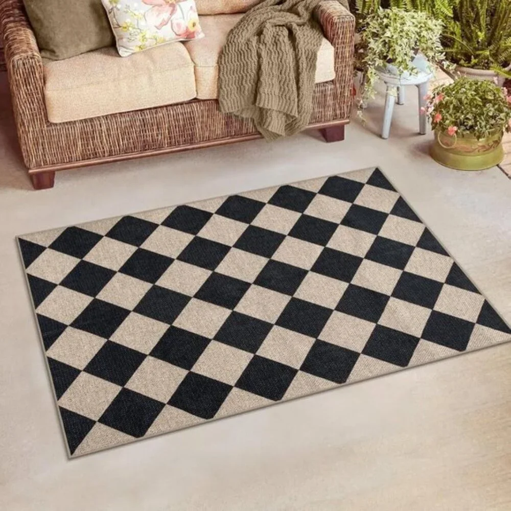 3x5 Checkered Jute Area Rug, Washable Non-Slip Indoor, Outdoor Carpet in Black